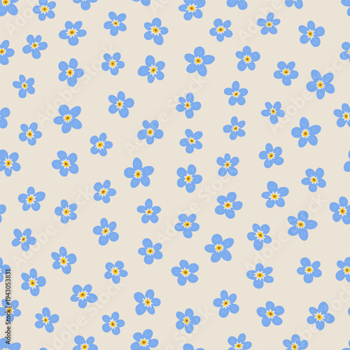 Forget-me-not flower seamless pattern. Delicate myosotis wildflower hand drawn vector illustration. Botanical spring summer nature print. Seasonal floral blossom background.