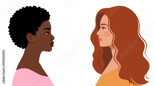 Two diverse women facing each other. Multicultural female portraits in profile. Female communication and friendship concept. Modern flat vector illustration.