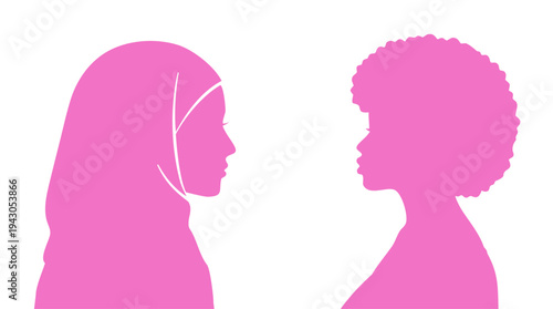 Two diverse women facing each other. Multicultural female portraits in profile. Female communication and friendship concept. Modern flat vector illustration.