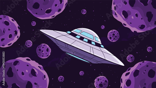 Futuristic UFO flying through a dark purple asteroid field in deep space, depicting science fiction, alien life, and interstellar exploration.