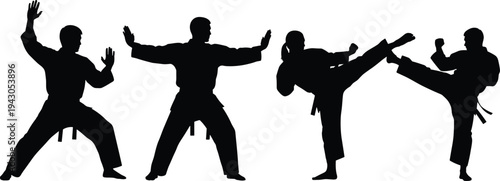 Martial arts karate fighter silhouettes performing fighting stances punches and high kicks isolated vector set for combat sport training illustration