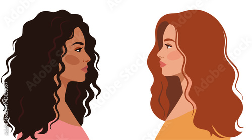 Two diverse women facing each other. Multicultural female portraits in profile. Female communication and friendship concept. Modern flat vector illustration.