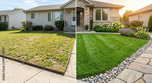 Before and after transformation of a residential house exterior and garden.