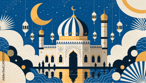 Mosque under the Moonlight: An elegant mosque, illuminated by the radiant moonlight and framed by an ornate sky, embodies serenity and peace within a cultural and religious setting.