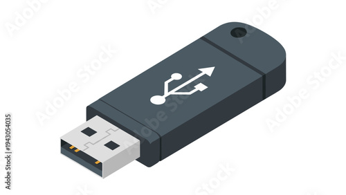 Compact USB flash drive in a sleek dark gray design with a prominent white transfer symbol, representing digital storage, data transfer, and portable memory.
