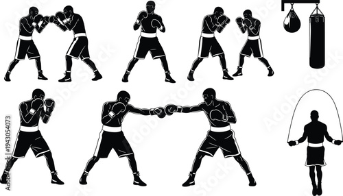 Boxing athlete silhouettes collection with fighters training sparring punching poses punching bag and jump rope workout isolated vector combat sports set