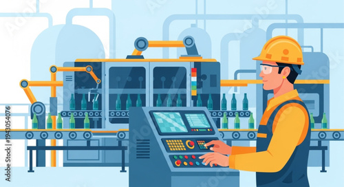 Industrial Worker Operating Control Panel.