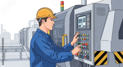 Industrial Worker Operating Control Panel.