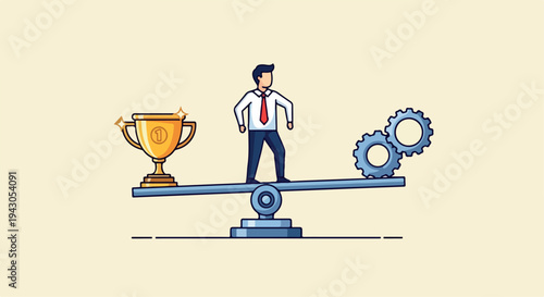 Businessman Balancing Gold Trophy and Blue Gears on Seesaw Illustration