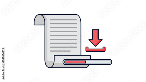 Document with a prominent red download arrow and a progress bar, illustrating the process of file download, data transfer, and digital acquisition.