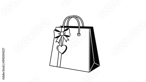 Outline illustration of a stylish gift bag adorned with a decorative bow and heart tag, symbolizing presents, shopping, and special occasions.