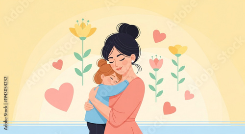 Tender moment of a mother hugging her child with flowers and hearts in the background symbolizing love and affection in a warm and cozy setting
