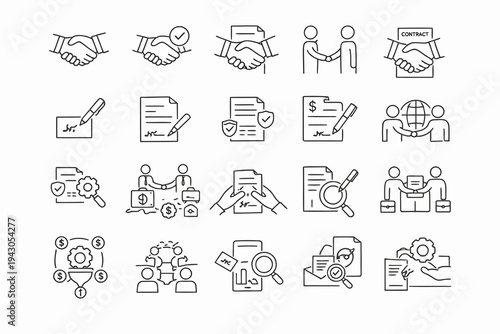 Illustrations of business and contract process stages with icons
