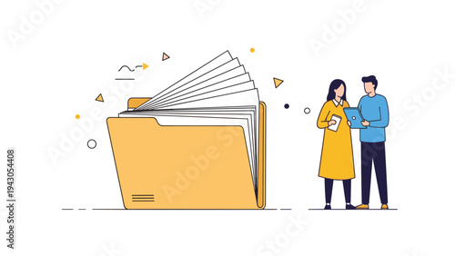 Two professionals reviewing documents in a large open folder, symbolizing teamwork, information management, data analysis, and efficient workflow.