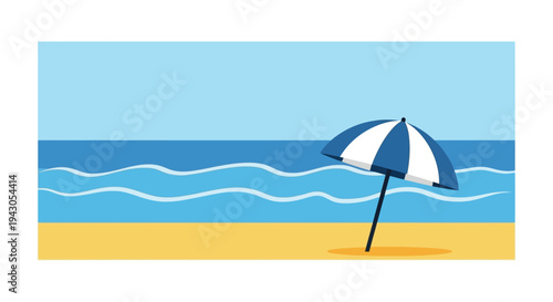 Beach umbrella on sandy shore in serene sunny daytime with blue ocean waves for summer vacation