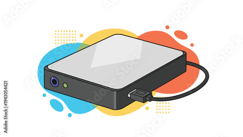 Sleek external hard drive connected with a cable, set against vibrant abstract shapes, representing digital storage, data backup, and portable technology.