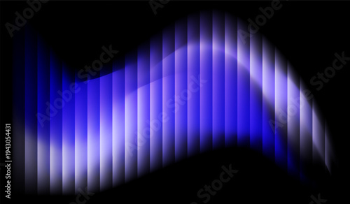 Glass ripple texture with dark gradient background and vivid blue and lilac light streaks. ripple pattern, Futuristic distortion, abstract glow, reeded vertical blur Vector illustration