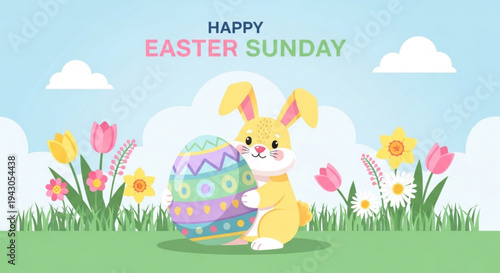 Easter bunny sitting with colorful decorated egg surrounded by spring flowers and grass on sunny day