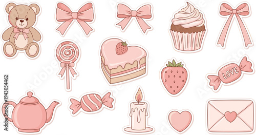 Pastel pink sweet treats and stationery in soft warm lighting for baby shower decoration