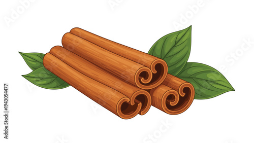 Bundle of aromatic cinnamon sticks adorned with fresh green leaves, symbolizing spice, flavor, culinary ingredients, and natural seasoning.