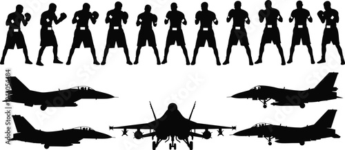 Boxing athlete and fighter jet silhouettes collection military aviation aircraft combat sports boxer stance and jet aircraft vector set