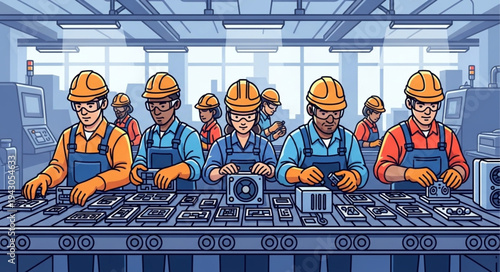 Industrial Workers Assembling Parts in Factory.