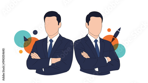 Two confident businessmen with crossed arms, symbolizing professionalism, leadership, corporate success, and strong business presence on an abstract background.