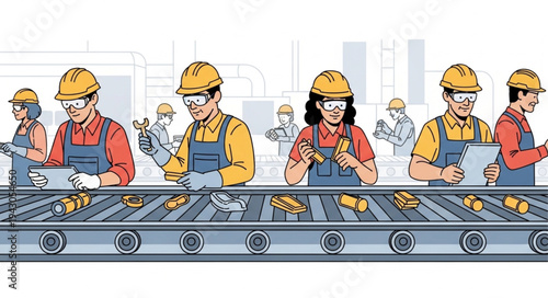Industrial workers assembling parts on conveyor belt.
