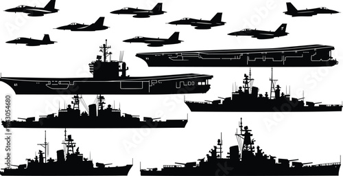 Military navy warship and fighter jet silhouettes collection aircraft carrier destroyer combat aircraft naval fleet defense illustration set