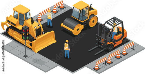 Isometric construction site with bulldozer forklift road roller workers traffic cones barriers and heavy machinery urban infrastructure work illustration