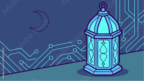 Cyber Lantern's Glow: A radiant lantern illuminates the digital night, blending tradition with technological innovation. The moon hangs in the background. 
