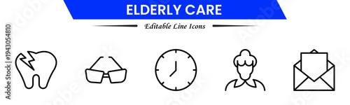 Elderly icon set. elderly care, pension, vision loss, and more. line icon style. old age element vector illustration