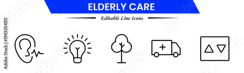 Elderly icon set. elderly care, pension, vision loss, and more. line icon style. old age element vector illustration