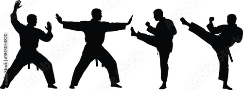 Karate martial arts fighter silhouettes performing fighting stances and high kicks isolated combat sport training illustration set