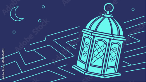 Luminous Maze: A stylized illustration depicting a luminous lantern casting a gentle glow within the intricate paths of a maze, illuminated against a night sky with the moon.