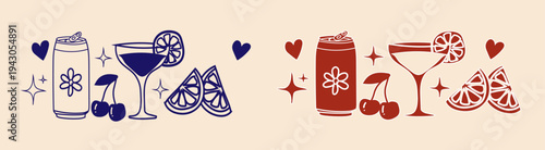 Colorful cocktail icons with cherries and citrus fruits on a peach background