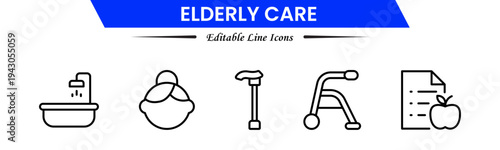Elderly icon set. elderly care, pension, vision loss, and more. line icon style. old age element vector illustration