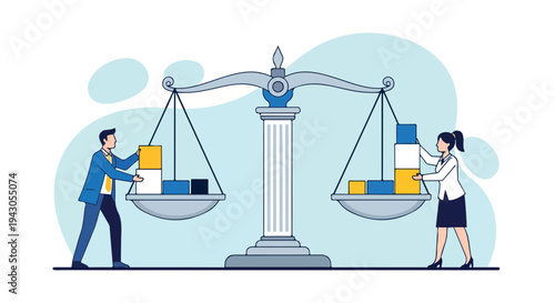 Business people balancing financial blocks on a scale flat vector illustration