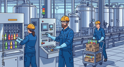 Industrial Workers in Factory Setting.