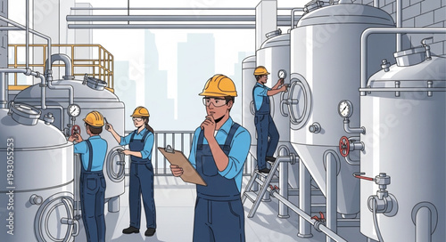 Industrial Workers in Factory Setting.