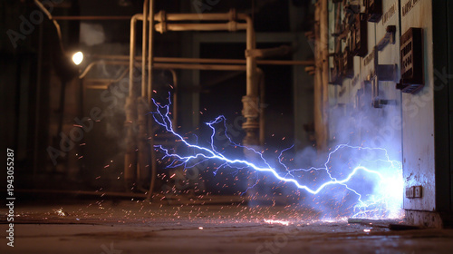 AI generator images of Arc flash, or electrical bursts in industrial control cabinets, are the sudden release of electrical energy through the air, caused by a short circuit between electrical conduct