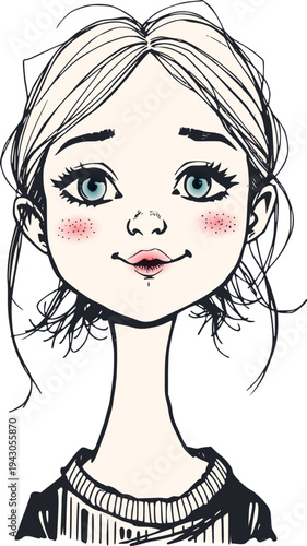 Cute cartoon girl with big eyes, hand drawn vector portrait