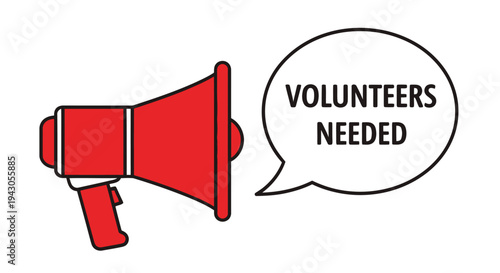Red megaphone graphic announces a call for volunteers with a speech bubble