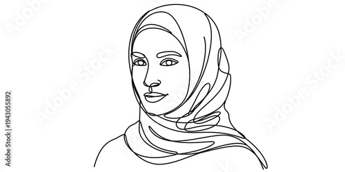 Continuous one line drawing muslim woman wearing hijab portrait minimalist