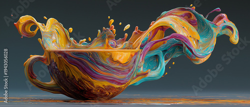 AI generator images of Splashes of vibrant colors in the shape of a coffee cup or teacup. This type of artwork is often categorized as Color Splash or Fluid Art, emphasizing the beauty of moving liqui