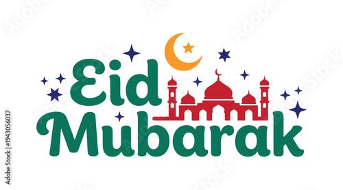 A colourful Eid Mubarak graphic featuring a mosque silhouette and decorative calligraphy.