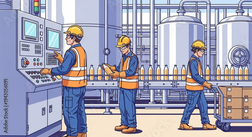 Industrial Workers in Factory Setting.