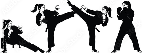 Female martial arts fighter silhouettes performing karate kicks and combat poses isolated collection for sport training self defense design