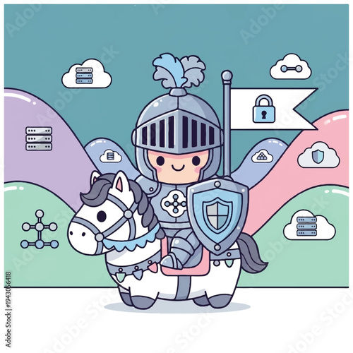 Cartoon Knight Riding White Horse Safely.