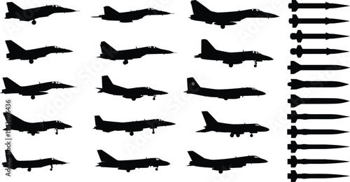 Military fighter jet and missile silhouettes collection isolated on background combat aircraft aviation defense weapon technology illustration set